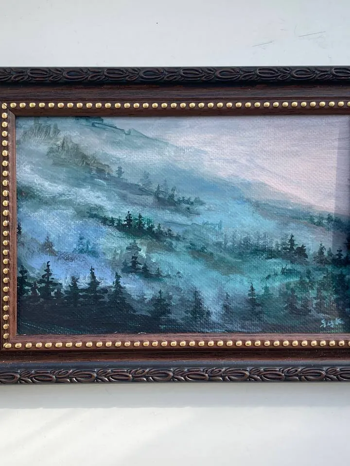 Original Forest Painting Foggy Forest Mountains Small Moody Painting