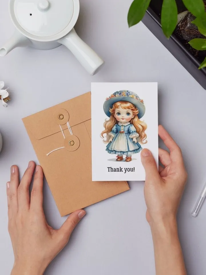 Postcards with watercolor illustrations of girls "Thank you"