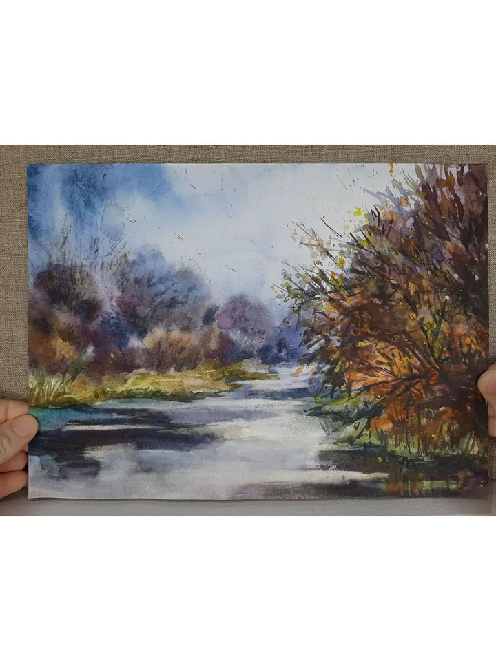Autumn Pond Foggy Morning Melancholy Autumn ORIGINAL Watercolor Art 8x11 inches Signed by artist Marina Chuchko