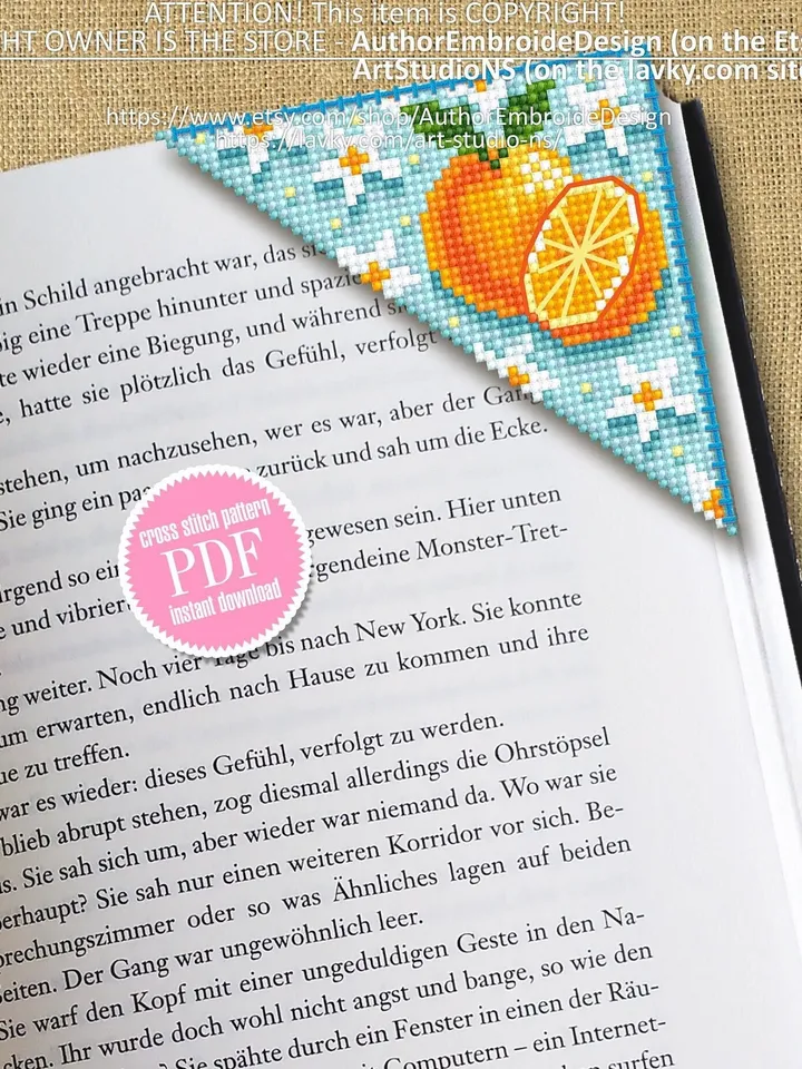 Corner bookmark cross stitch pattern PDF download Orange fruit cross stitch chart, Floral bookmark corner digital PDF, Book lover gift #B181