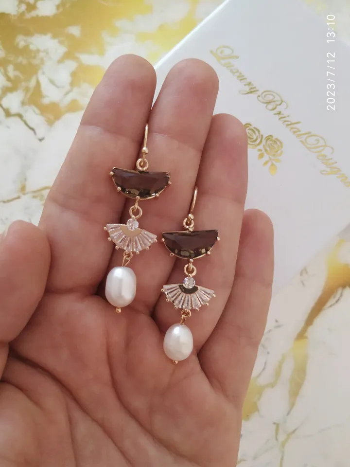 Art deco Wedding Earrings For Bride, Freshwater Pearl Boho Bridal Earrings, Vintage Style, Statement Earrings, Fan Earrings, Boho Jewelry
