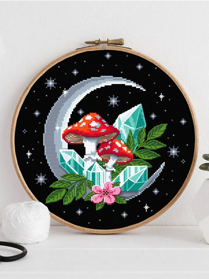 Magic mushroom moon cross stitch pattern PDF download Amanita mushroom cross stitch chart, Mystical crystal moon embroidery, Fly agaric #L53