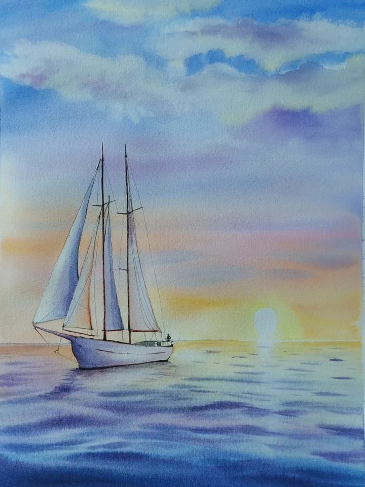 Original Watercolor Painting Sea Landscape Art Sea Sunset Artwork Yacht Picture 30x40 cm by SoftWaves