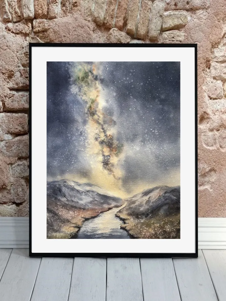 Milky Way Art Space Painting Landscape Watercolor Stars Wall Art Night Sky