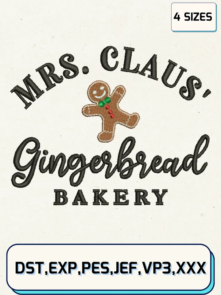 Mrs. Claus' Gingerberad Bakery Embroidery Design,Christmas Embroidery Designs,Machine Embroidery Files,Gingerberad Embroidery Design,4 Sizes