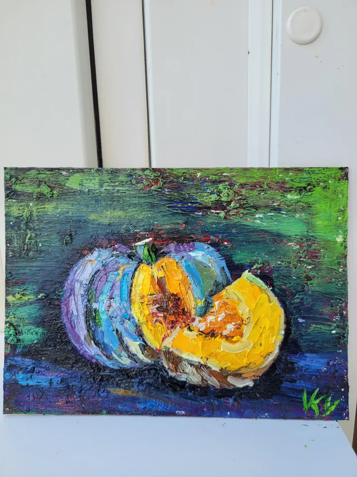Pumpkin Painting Kitchen Wall Art Impasto Oil Painting 5x7 Fall Original Art Vegetable Wall Art Food Artwork Farmhouse Art Halloween by ArtFromVictoria