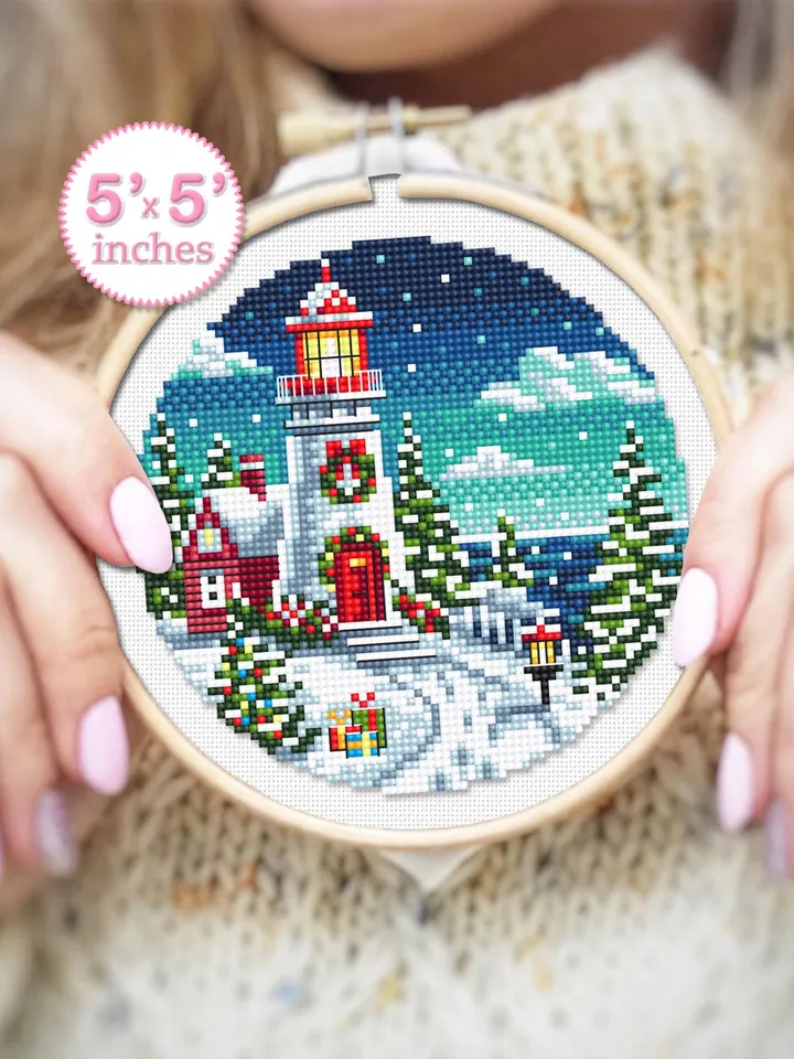 Christmas lighthouse cross stitch pattern PDF download Winter landscape cross stitch chart, Christmas pattern digital PDF Winter house #N186