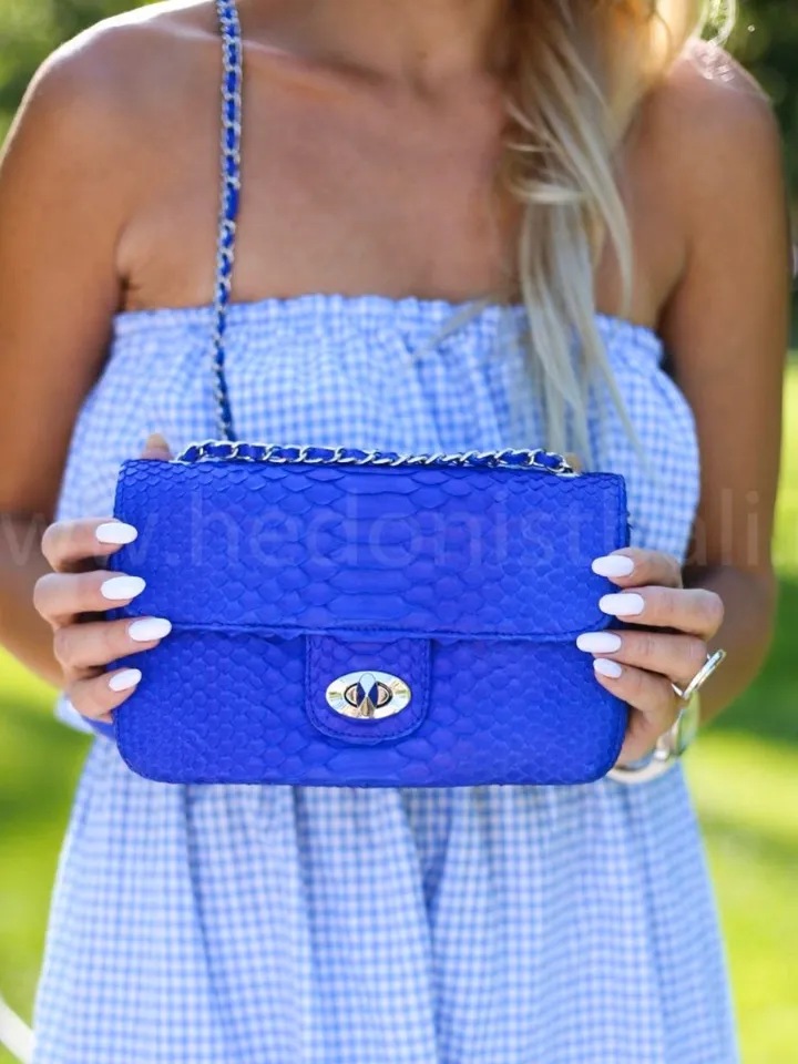 Blue Genuine Python Skin Crossbody Chain Bag | Bright Summer Bag | Elegant Women Bag | Chain Strap Crossbody Ultramarine Royal Blue Purse