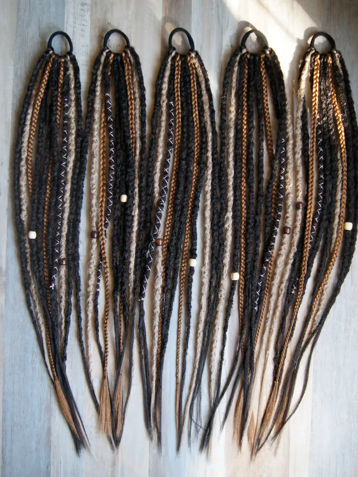Dreads on hairband Ponytail Crochet brown blonde ginger synthetic dreadlock extensions with braids Boho earthy forest hair 24 inches