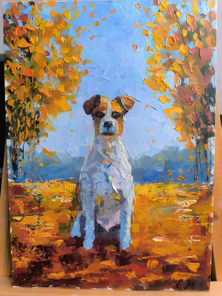 Dog oil painting, Dog on canvas, Oil painting, Dog in the autumn forest