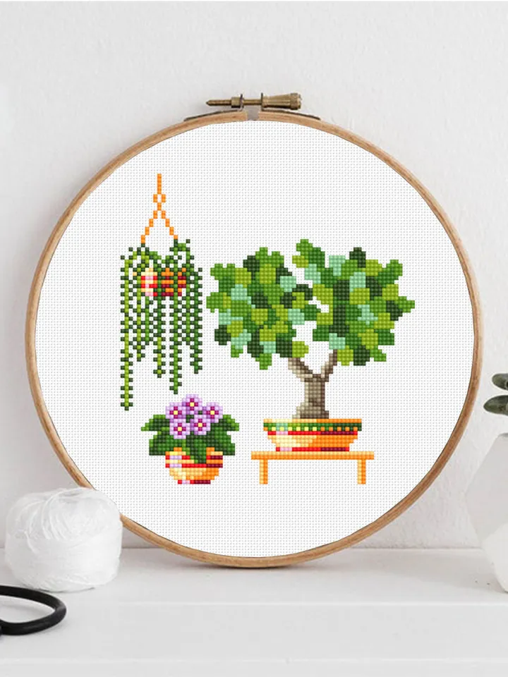 House plants cross stitch pattern download PDF, Small floral cross stitch chart, Garden beginner stitch, Potted plants embroidery PDF #P13