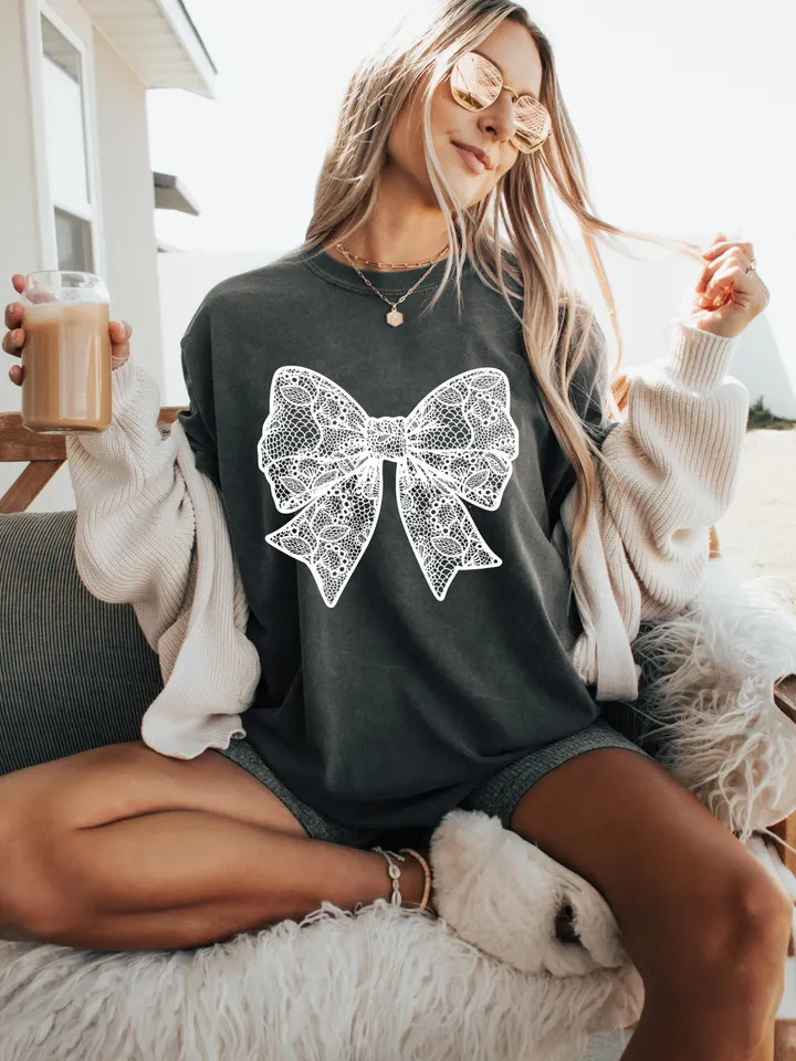 Coquette White Lace Bow PNG Coquette Bow Shirt Design Faux Embroidery Girly Valentines Day PNG Easter PNG Spring Png Mothers Day Girly Png