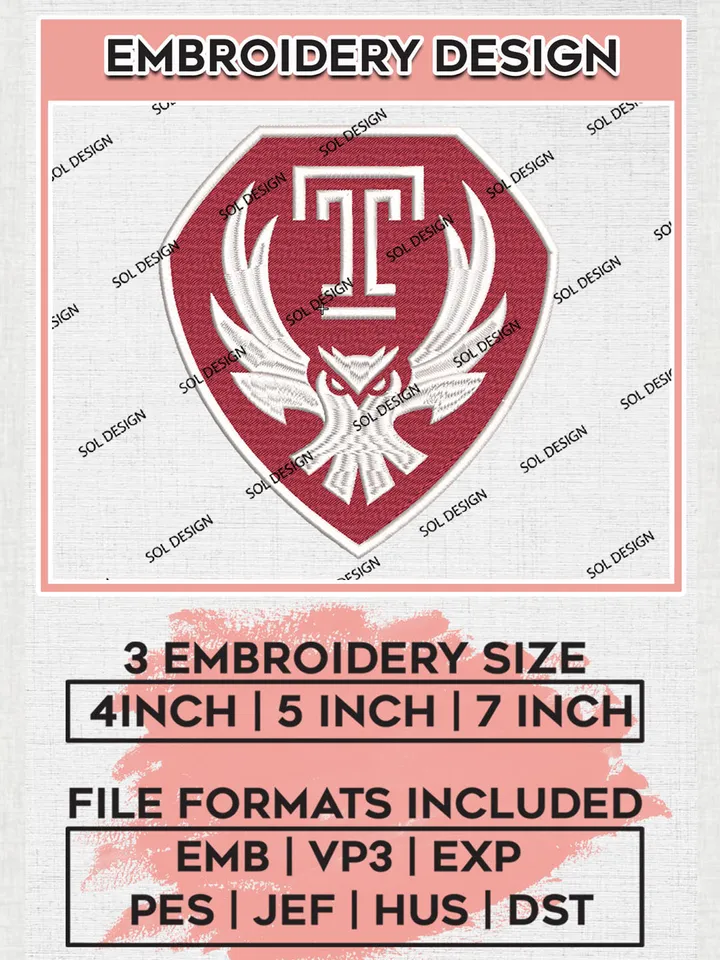 Temple Owls Football Team Logo Embroidery Design Files, NCAA Temple Owls Machine Embroidery, NCAA Teams, 3 sizes, NCAA Machine embroidery designs, Digital Download