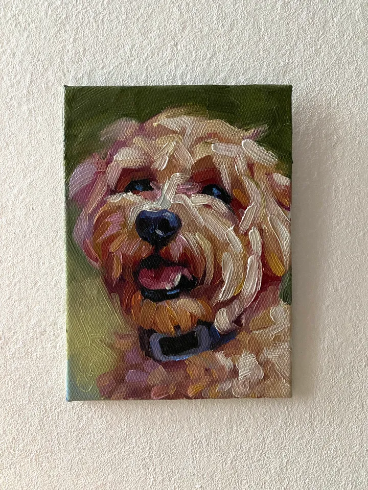 Dog oil painting original, Pet portrait artwork, Animal miniature wall art 4x6