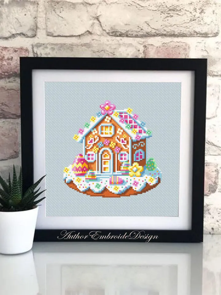 Easter gingerbread house cross stitch pattern PDF download Easter cross stitch chart, Gingerbread pattern digital PDF Easter home decor #T42