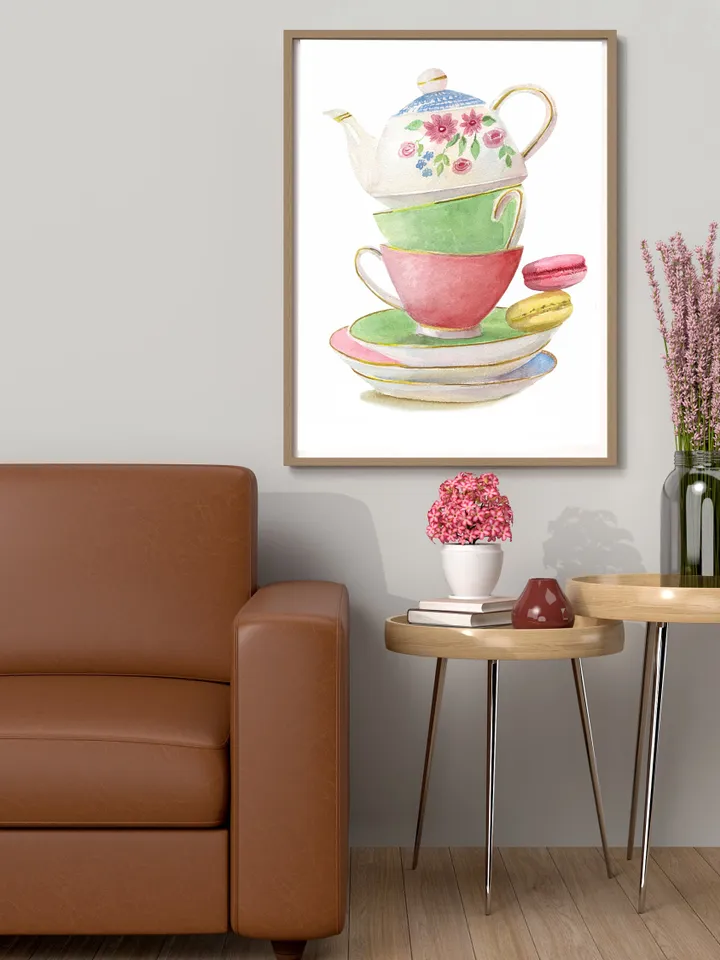 Tea cups, Kitchen Art, Wall Art, Kitchen Wall Decor, Vintage Tea Cup, Gift For Tea Lovers, Tea Party Decor ,Watercolor Art Print Tea Poster
