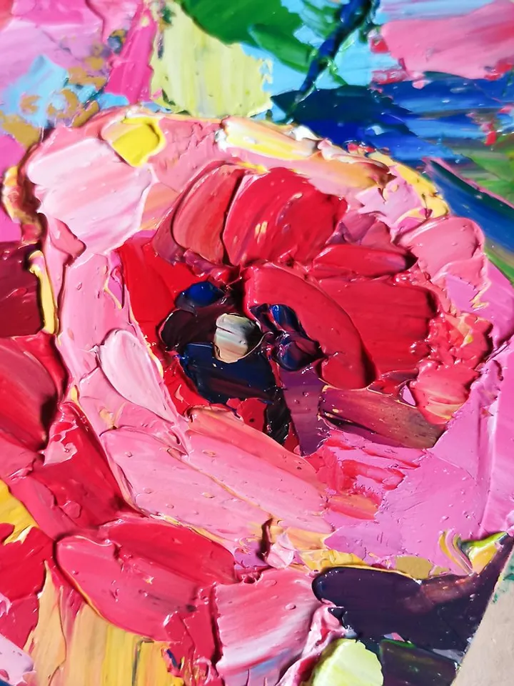 Poppy Painting Original Art Small Impasto Oil Painting Flower Verafe