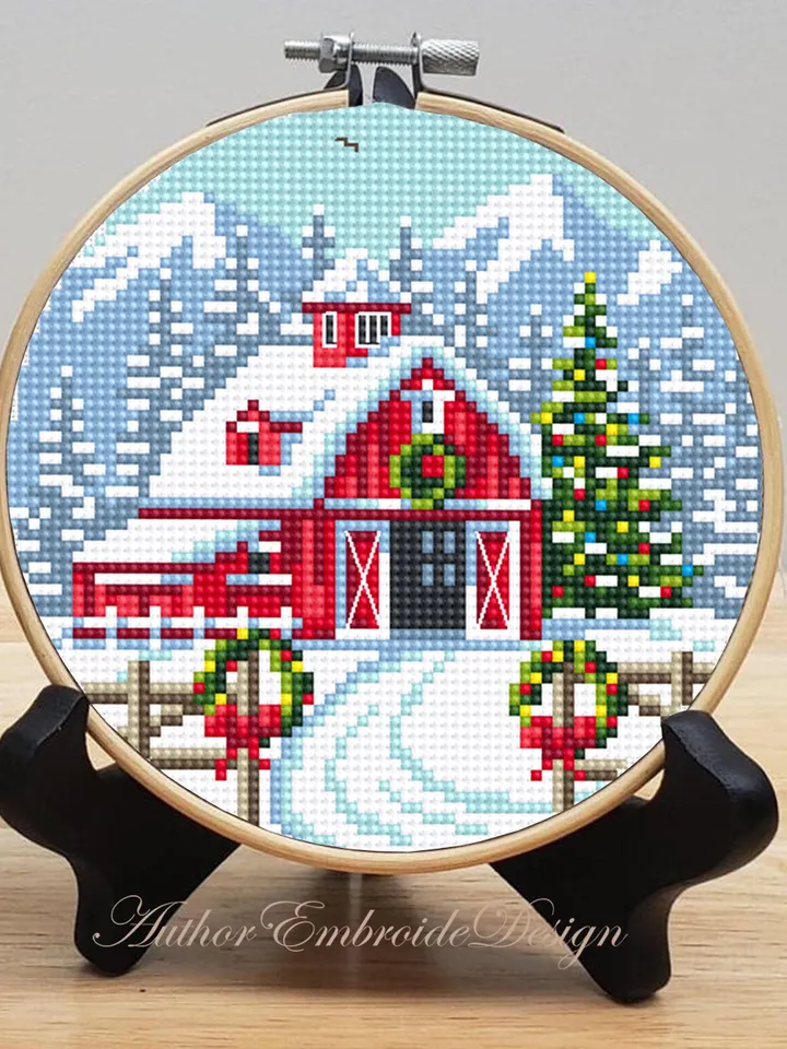 Christmas farm barn cross stitch pattern PDF download Winter mountain landscape cross stitch, Christmas pattern digital PDF, Red house #N171