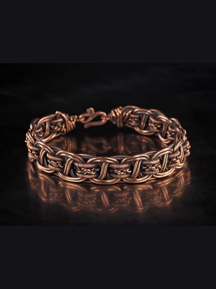 Wire wrapped bracelet, Unique 7th 22nd Anniversary gift idea, Art Nouveau antique style, One of kind braided statement bangle, Handmade oxidized pure copper jewelry, Pain relief, EMF protection