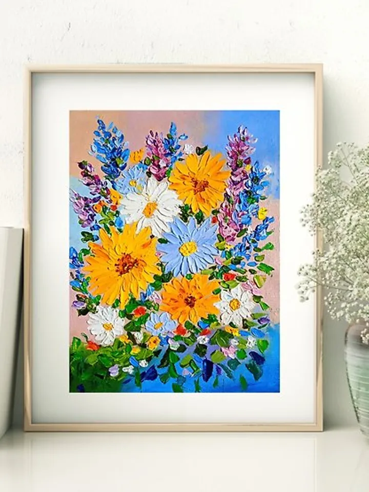 Oil Painting Bright Flowers Chamomile Sunflowers Impasto Art Miniature 18x24 cm