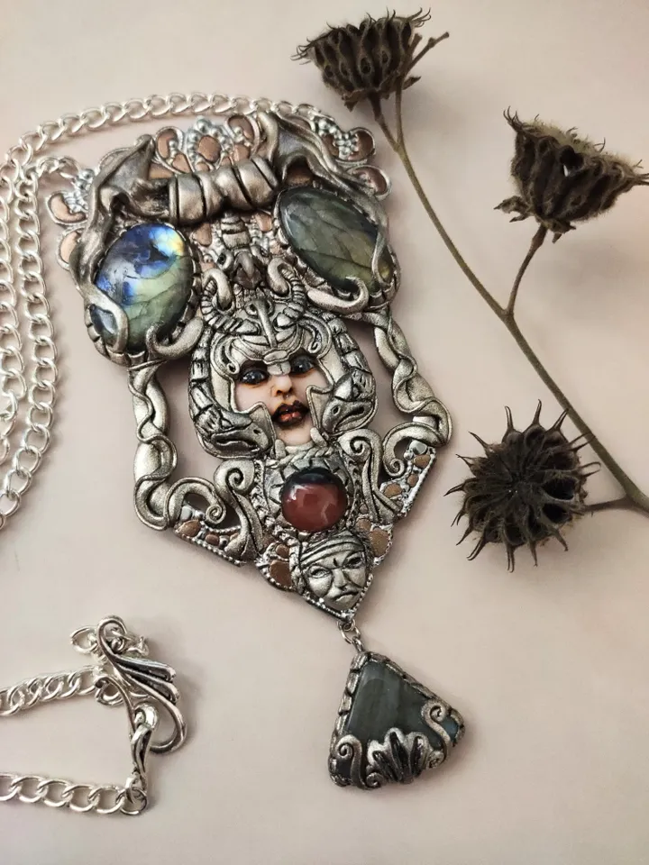 Necklace Goddess Hera, Art Nouveau style, with natural Labradorites and red agat