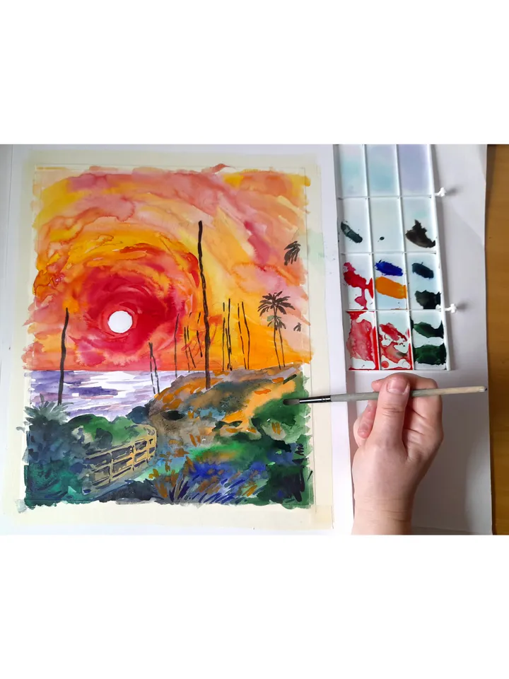 Laguna Beach Painting Sunset Original Art California Painting Watercolor Art Palm Tree Artwork 14 by 11 by TatianaArtShop
