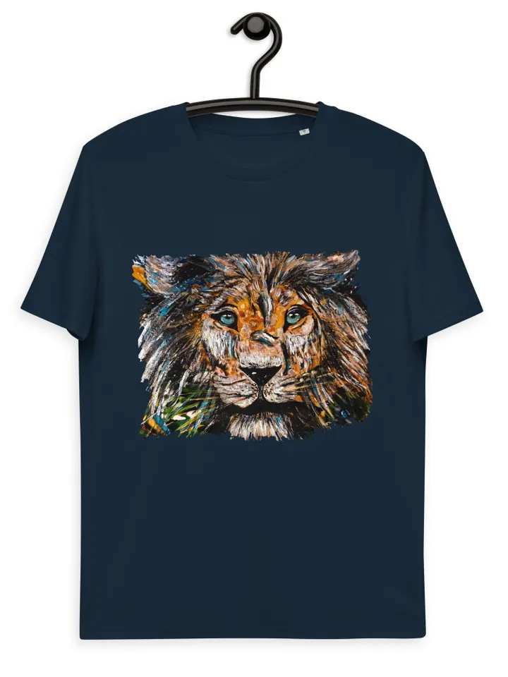 Unique design Lion Unisex organic cotton t-shirt made from my original mix media artwork on glass,wild animals t shirts, wearable art gifts