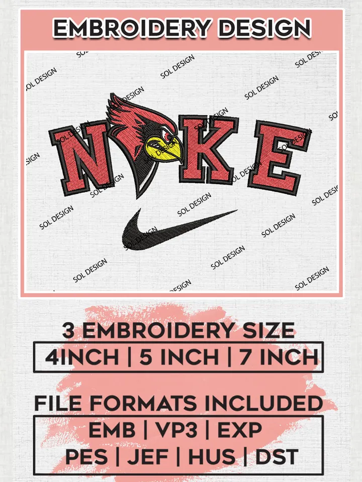 Nike Illinois State Redbirds Machine Embroidery Design, NCAA Illinois State Redbirds Embroidery Design files, NCAA Logo Embroidery Designs, NCAA Machine Embroidery Designs, Digital Download