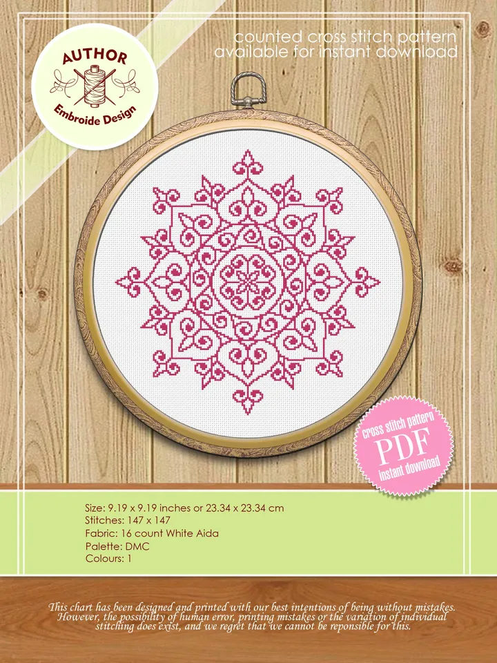 Easy mandala cross stitch pattern download PDF Monochrome floral ornament cross stitch chart, Mandala embroidery beginner, Home decor #M34