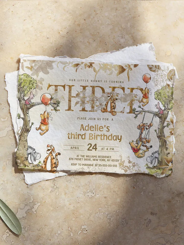 3rd Birthday Winnie the Pooh Inspired ; Classic Winnie Pooh Invitations; Neutral Winnie Pooh Turning three Winnie Pooh Birthday Party poom88