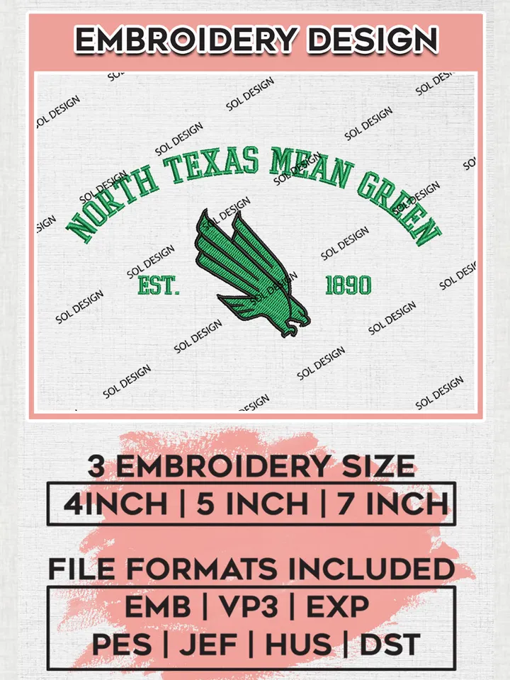 NCAA North Texas Mean Green Team Est 1890 Logo Embroidery Design Files, NCAA North Texas Mean Green Team Embroidery, NCAA Game Day, Machine embroidery designs, Digital Download