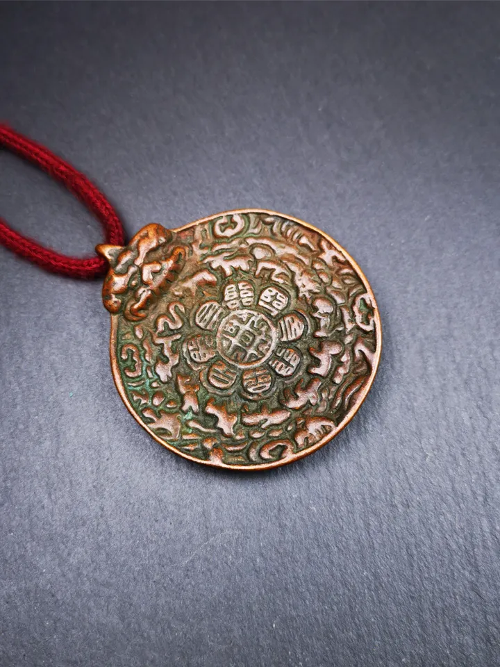 Gandhanra Acient Tibetan Buddhist Amulet,Melong Mirror,Calendar Badge,SIPAHO(srid pa ho),Unique 2 Sided Pattern,1.89&quot;