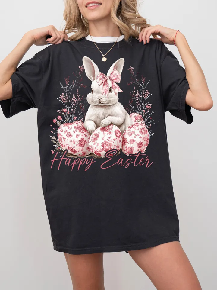 Happy Easter PNG, Grand Millennial Easter Png, Blue Floral Chinoiserie Bunny Png, Pink Toile Easter Rabbit Png, Girls, Easter Coquette Png