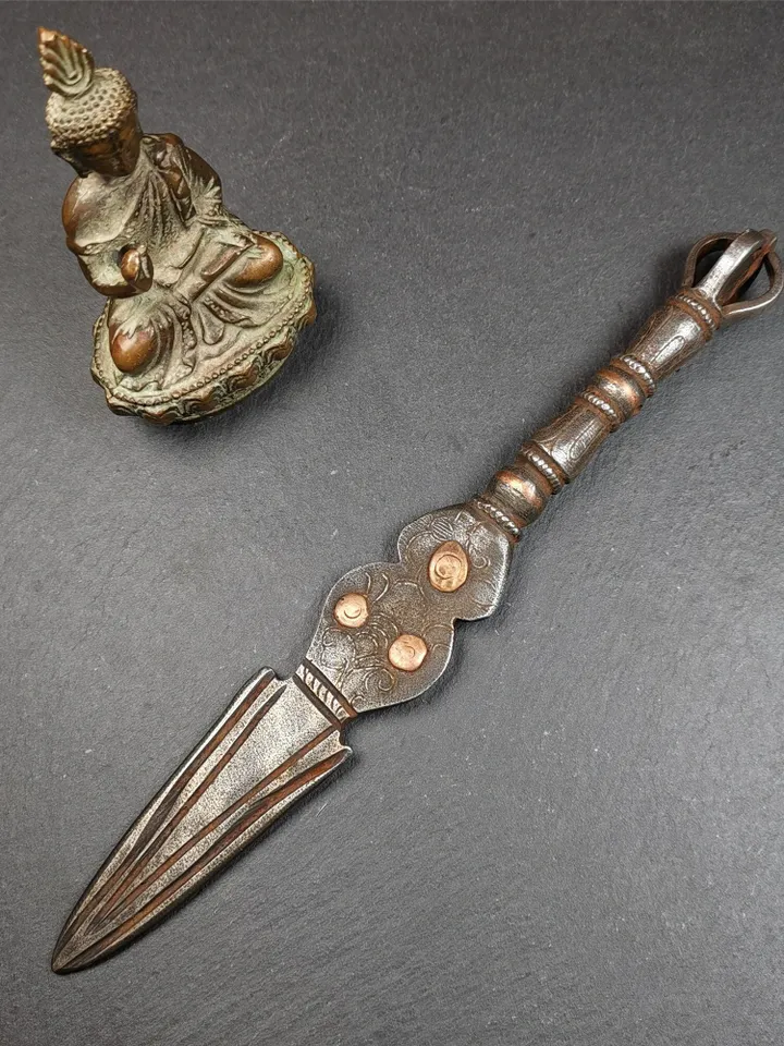 Gandhanra Tibetan Buddhism Ritual Implement Dorje Phurba(Kila Dagger),Dharma Ritual,Altar Tool,Made of Cold Iron inlaid Copper
