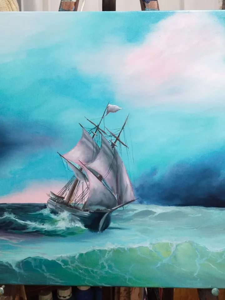 Commission Seascape oil painting Ship on the turquoise wave Wall art on