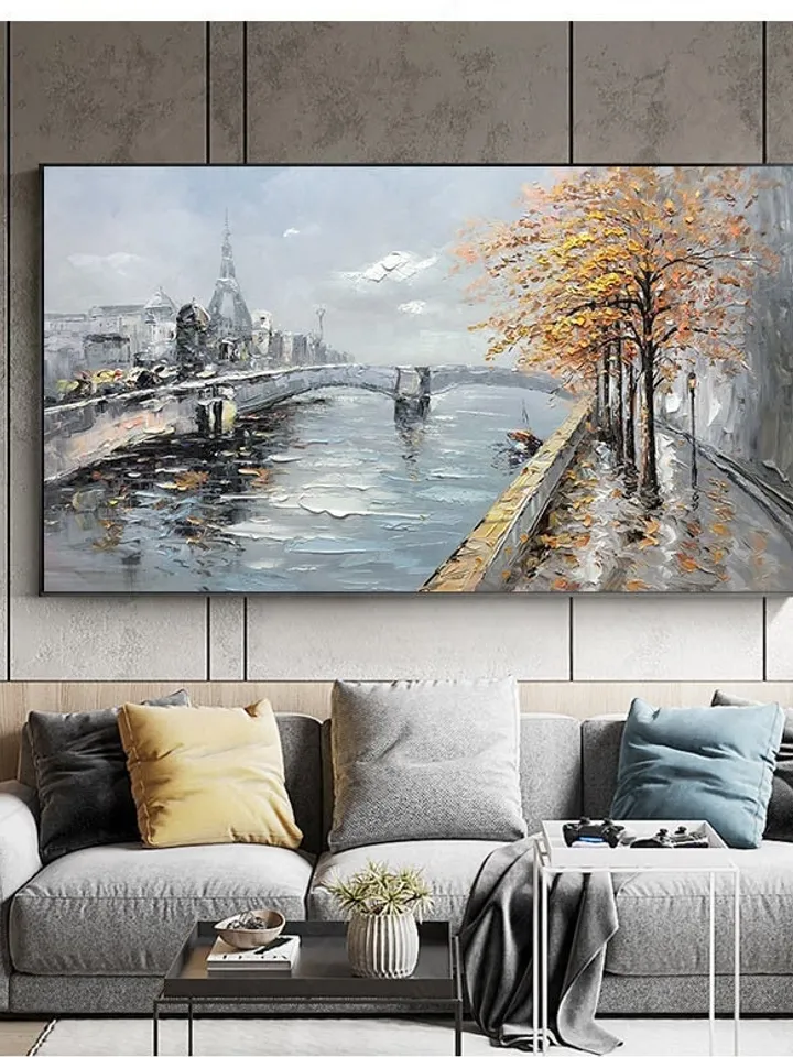 Large Original Oil Painting on Canvas,Abstract Art,Boho Wall Decor,Lake,Trees,Landscape,Bridge,Nature,Living Room Painting, Large Wall Art