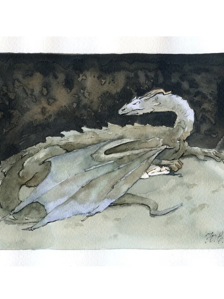 Dragon Sorrow Original fantasy art Dark fairy tale in watercolor by Yulia Evsyukova