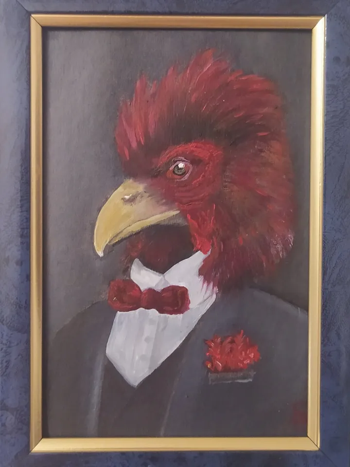 Oil painting "Red Rooster in costume", miniature, about 4*6 inches (10*15 cm)