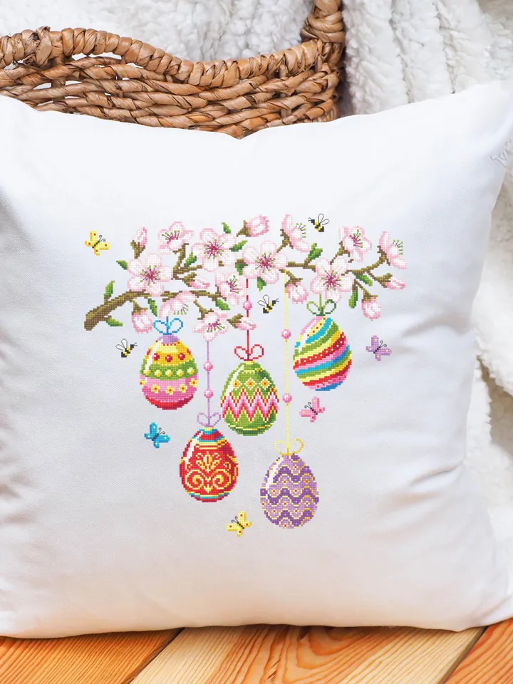 Happy Easter cross stitch pattern PDF download Easter eggs cross stitch chart, Spring pattern digital PDF, Cherry blossoms cross stitch #T45