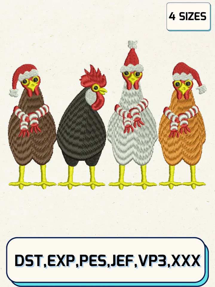 Christmas Chicken Embroidery Design,Christmas Embroidery Designs,Machine Embroidery Files,4 Sizes