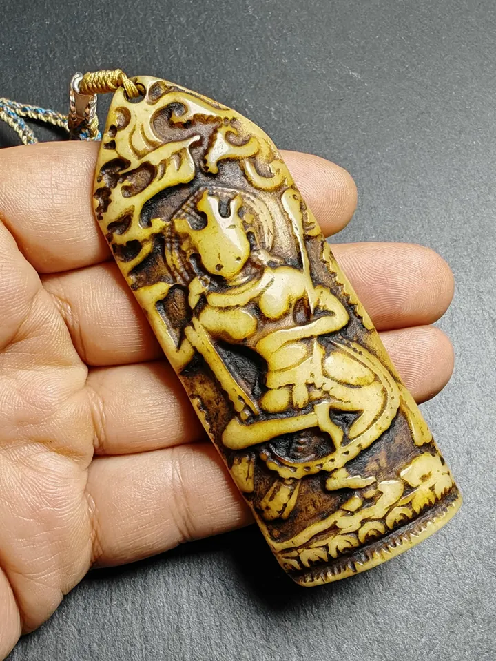 Gandhanra Vintage Yak Bone Carved Troma Nagmo Amulet - Tibetan Buddhist Black Dakini Female Deity Pendant