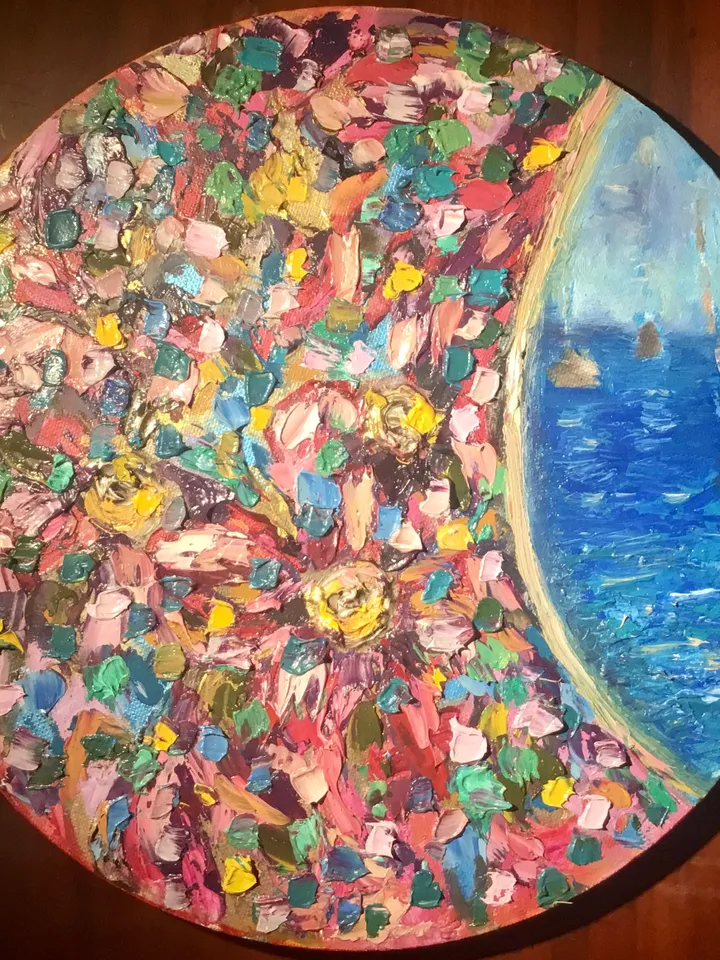 Fantasy mix media seascape and flowers painting,oil impasto painting,colourful wall art on round canvas,unique handmade gift home decor.