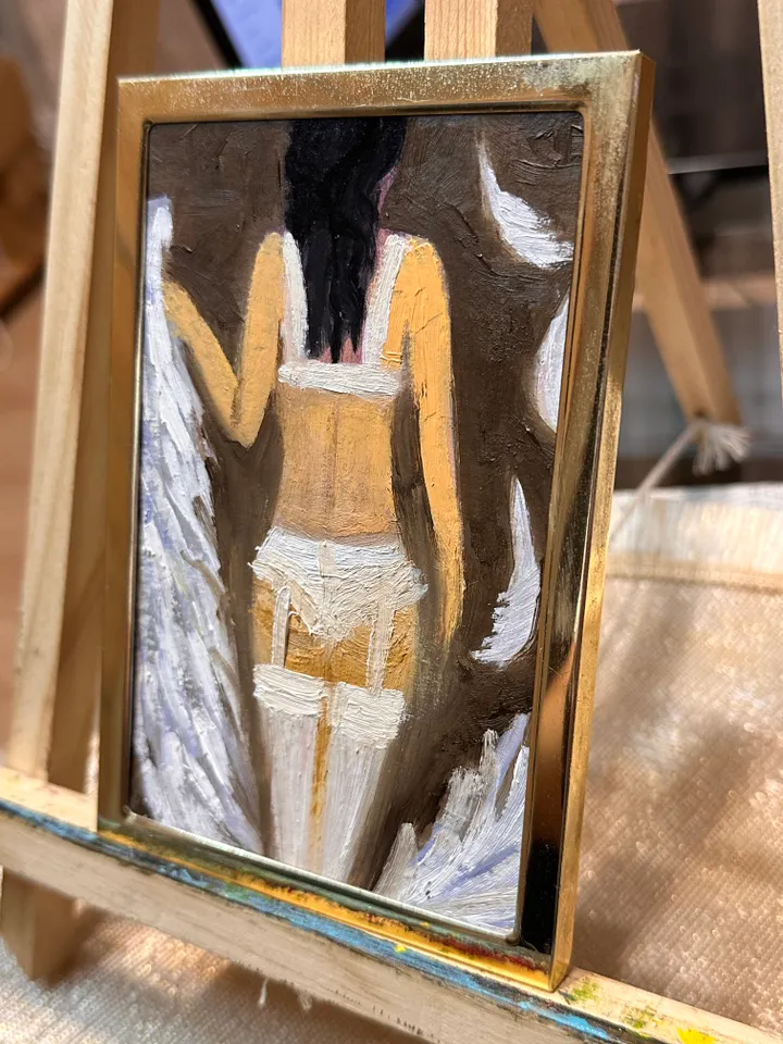 Oil Painting Fallen Angel Portrait of a Woman Figurative People Miniature Cardboard 6x4 inches 15 cm x10 cm In a Gold Frame Modern Art Impressionism Wall Decor