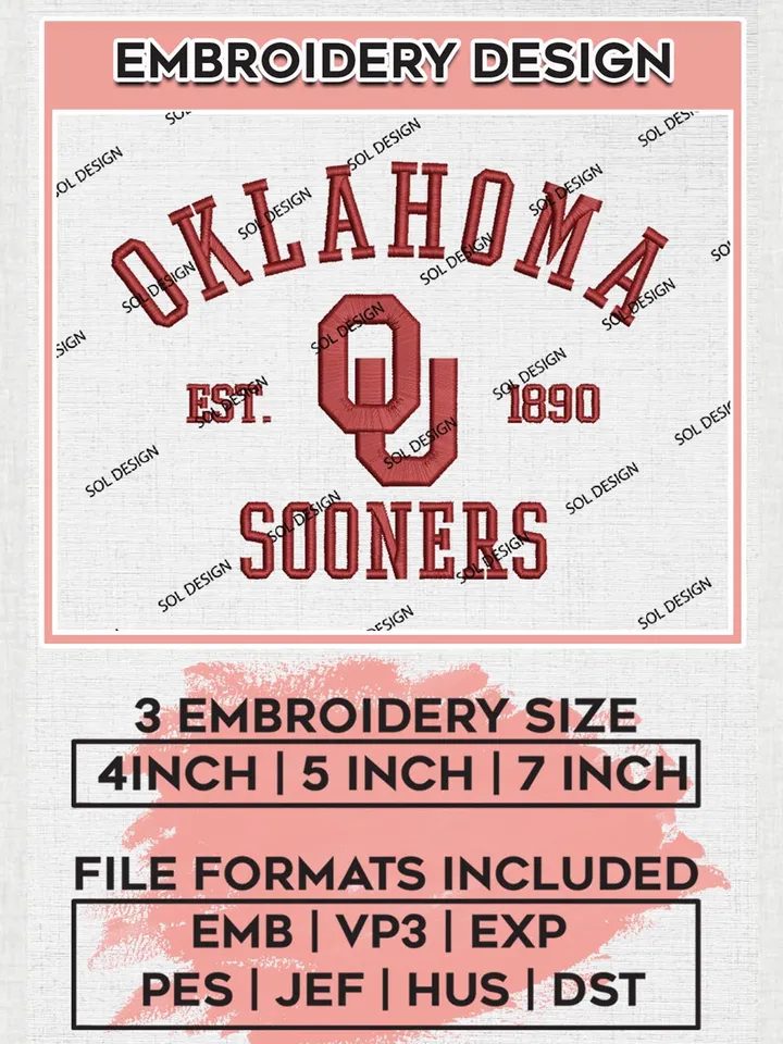 Oklahoma Sooners Est 1890 Logo Embroidery Designs, NCAA Oklahoma Sooners Team Embroidery, NCAA Team Logo, 3 sizes, Machine embroidery Files, Digital Download
