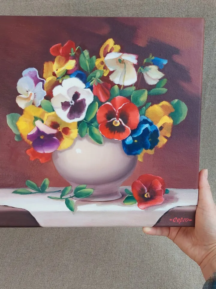 Painting with flowers. Violets. Original Art. 12x12 inches