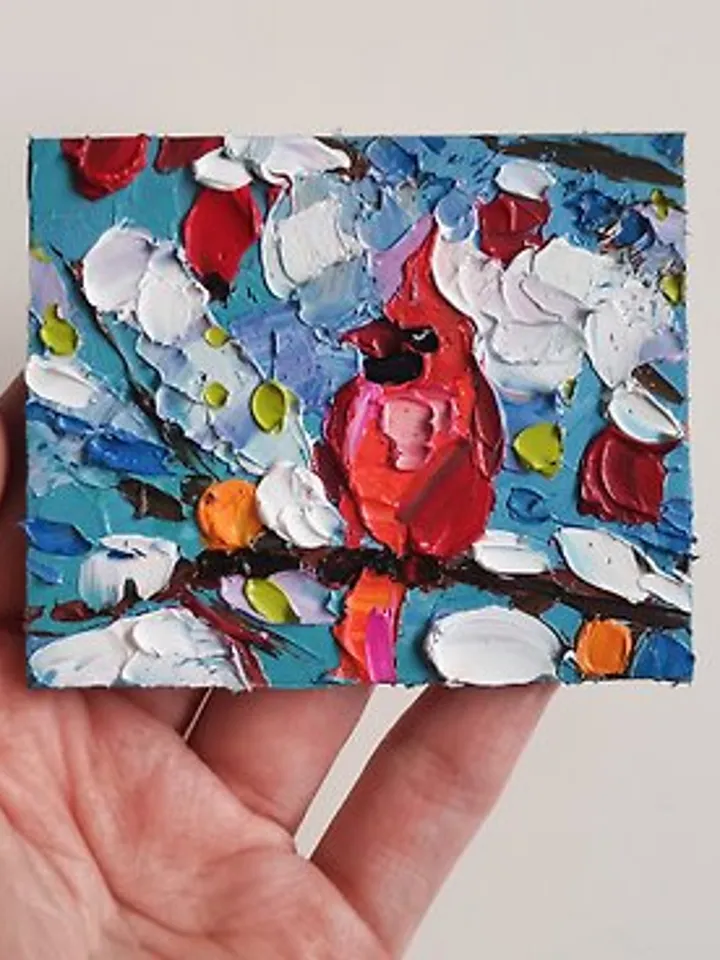 Cardinal Painting Original Art Bird Painting Small Oil Painting Verafe