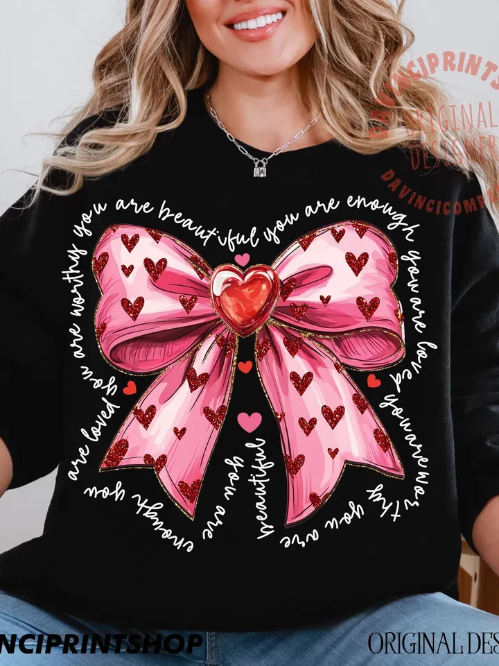 Pink valentine coquette heart png, You Are Enough, Loved, Worthy Png, Valentine Png, Glitter Valentine Png, Valentine coquette png, Love png