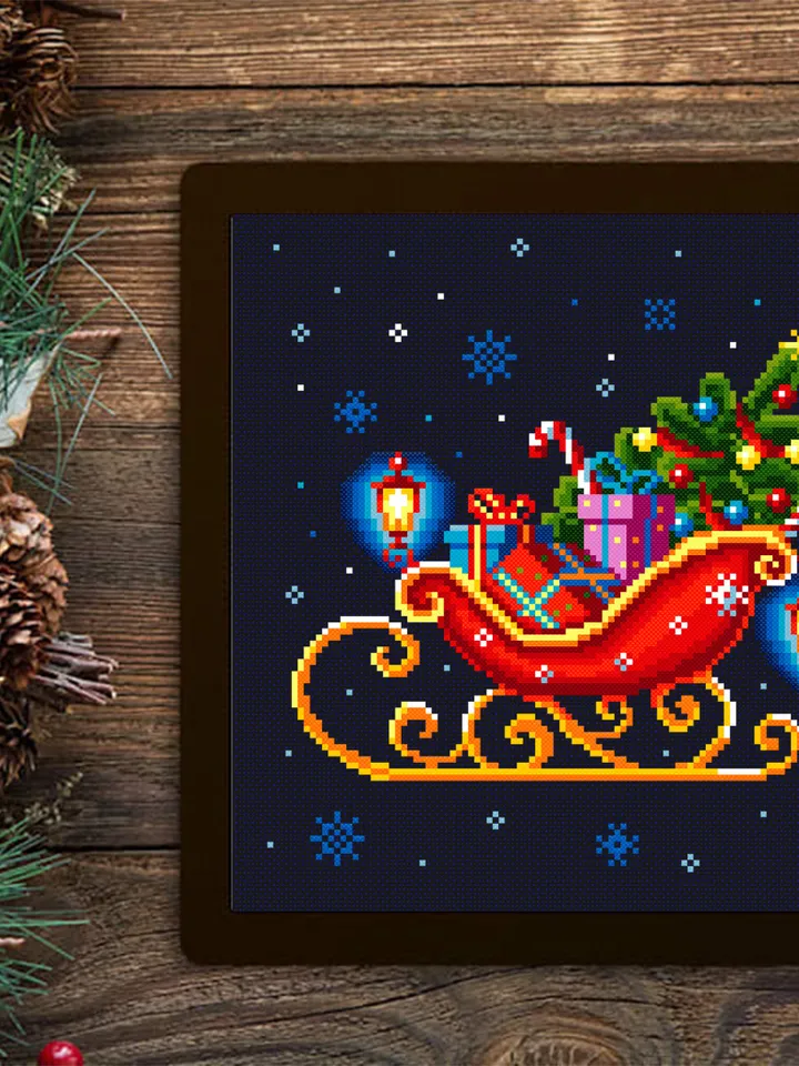 Santa sleigh with christmas tree cross stitch pattern download PDF Christmas pattern digital PDF, Christmas lanterns cross stitch chart #N13
