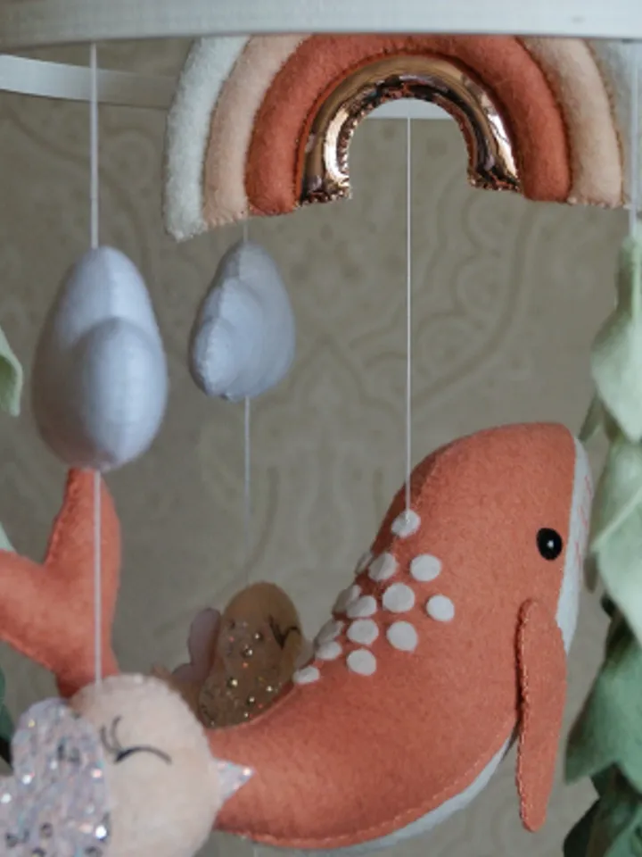 Whale mobile with rainbow and hanging flowers, ocean nursery for girl