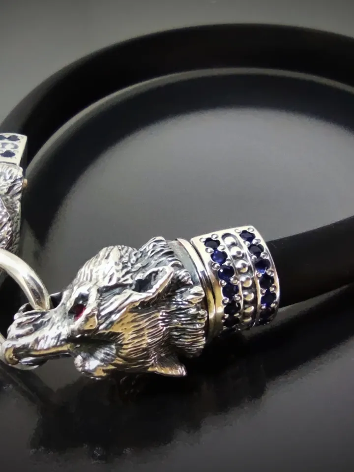 Luxurious bracelet Wolves - inlaid with natural sapphires, rubies